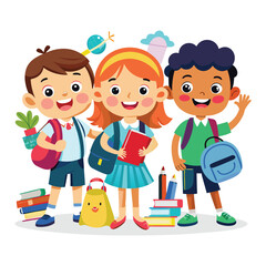 Cartoon happy school children with school supplies vector