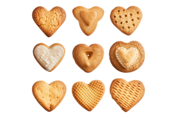Set of heart shape cookies and biscuits isolated on transparent background