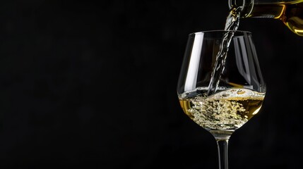 Pouring White Wine into a Glass on a Black Background