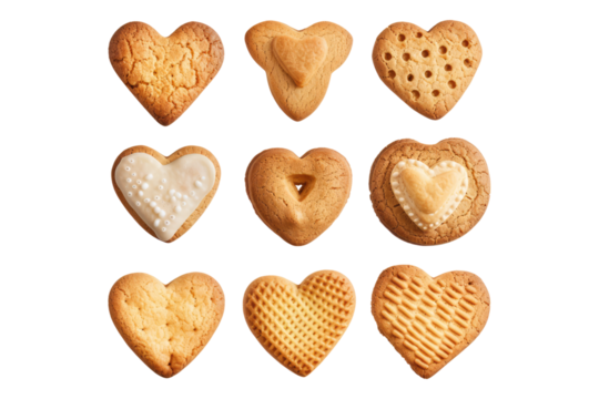 Set of heart shape cookies and biscuits isolated on transparent background