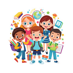 Cartoon happy school children with school supplies vector