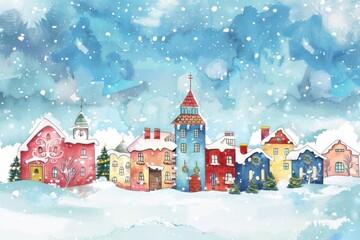 Whimsical winter scene with colorful houses covered in snow, painted in watercolor style with falling snowflakes.