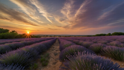 A beautiful sunset at the horizon with lavender fields
