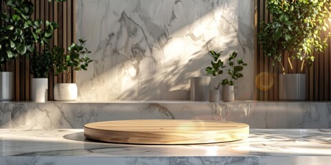Fototapeta premium Wooden platform on a marble surface with plants in a bright, sunlit room.