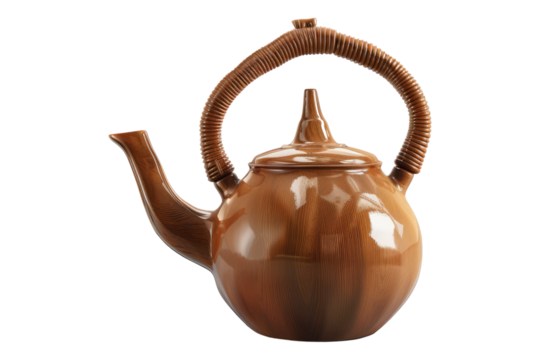 Tea pot with wooden handle isolated on transparent background