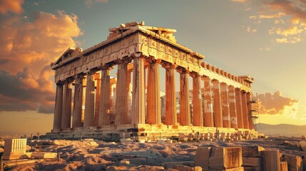 Naklejka premium Greek legacy: The Parthenon in Athens, Greece, bathed in golden light, representing its importance as a historical and tourist site