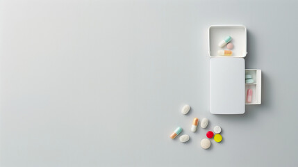 Minimalist photo of modern designer capsule with pastel tablets. Appeals to health-conscious consumers.

