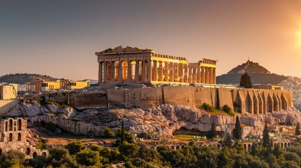 Greek legacy: The Parthenon in Athens, Greece, bathed in golden light, representing its importance as a historical and tourist site