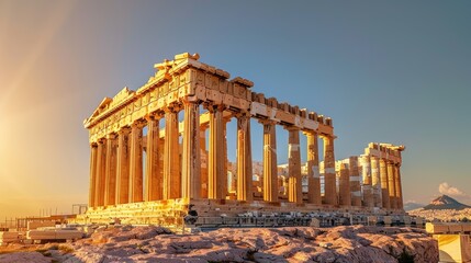 Obraz premium Greek legacy: The Parthenon in Athens, Greece, bathed in golden light, representing its importance as a historical and tourist site