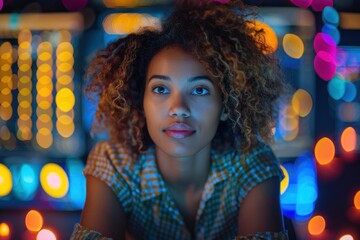 Female Analyst Monitoring Data on Multiple Computer Screens in a Modern Office