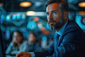 Concentrated Data Analyst Working at His Desk Late at Night