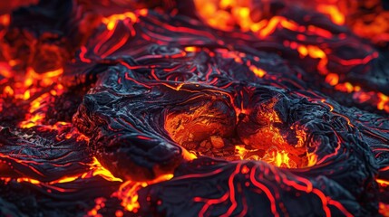 Molten marvel: Detailed shot of red-hot lava with intricate textures, capturing the raw power and dynamic movement of molten rock