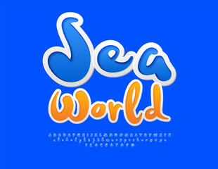 Vector funny sign Sea World. Blue handwritten Font. Playful Alphabet Letters and Numbers set. 