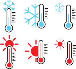Cold, Hot thermometer icons Set. Low, High temperature on measuring sсale. Meteorological measurements weather in winter, summer. Control level heating, cooling of equipment on transparent background.