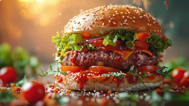 Sliced tasty juicy double beef cheese burger with fresh lettuce, tomatoes, onions, pickles and melted cheese stacked high, gourmet fast food, restaurant menus, hamburger sandwich with special sauces. 