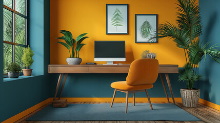 Fototapeta premium Blog post featured image, bright pastel blue wall color, bright blue and yellow, improve home office workspace.
