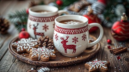 Fototapeta premium Two cups of hot chocolate with a deer motif on the mug, gingerbread Christmas tree decorations and cinnamon sticks on a wooden table create a cozy winter atmosphere.