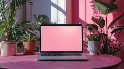 Fototapeta premium Modern laptop on a pink desk surrounded by lush green plants and sunlight.