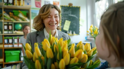 The teacher receiving flowers