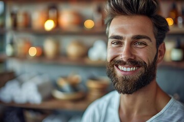 Fototapeta premium The beautiful man with a well-groomed beard is smiling and enjoying a hot stone therapy session at the spa, surrounded by the relaxing aroma of essential oils.
