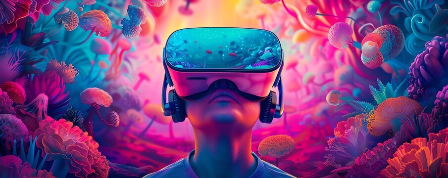 Person wearing VR headset exploring vibrant, surreal digital world with colorful ethereal landscapes. Futuristic technology, virtual reality concept.