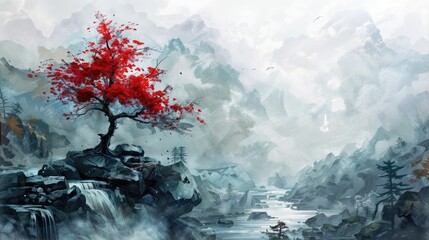 A vibrant red maple tree stands alone on a rocky cliff, its leaves changing color in the fall, surrounded by a misty mountain landscape.