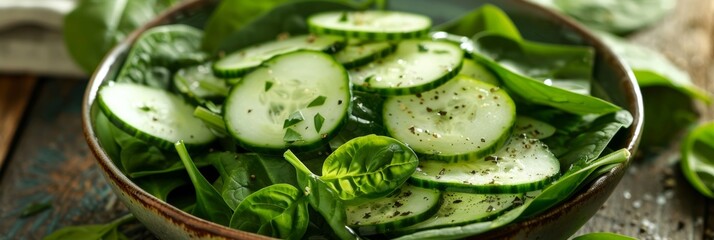 A spinach salad topped with thinly sliced cucumbers and a light herb vinaigrette.
