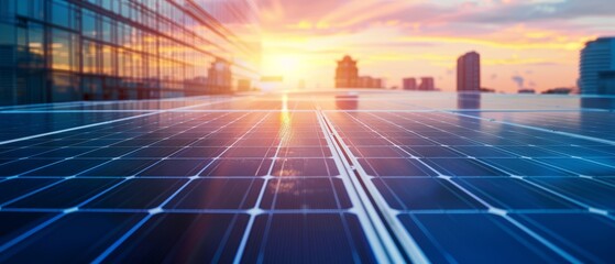 Solar panels reflecting sunset over city skyline.
