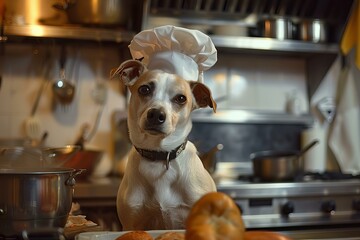 Portrait of a cute dog wearing chef hat posing in a kitchen
