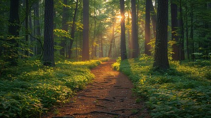 Obraz premium Sunlit forest path, tall trees, dappled sunlight filtering through leaves, lush undergrowth, tranquil and inviting, vivid greenery