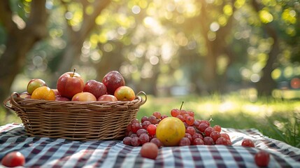 Summer picnic, checkered blanket, assortment of fruits, family enjoying the day, shady tree, sunlight streaming through leaves, baskets and food