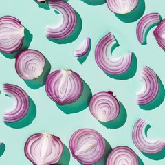 onion slices and whole, shot from above, making a fun pattern on a bright pastel color background, magazine cover photo