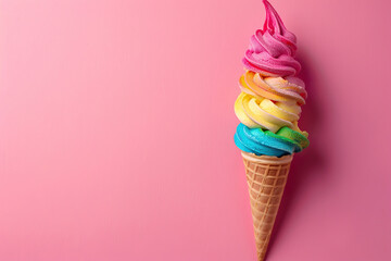 .A rainbow ice cream cone is sitting on a pink background.
