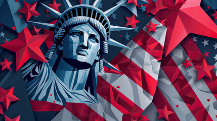 Obraz premium Illustration of the Statue of Liberty holding both the US and UK flags, Independence Day, Patriotic USA 