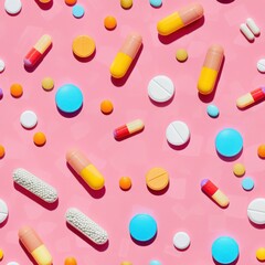Bandages and colorful medicine, shot from above, making a fun pattern on a bright pastel color background, magazine cover photo