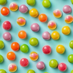 Obraz premium colorful candy and whole, shot from above, making a fun pattern on a bright pastel color background, magazine cover photo