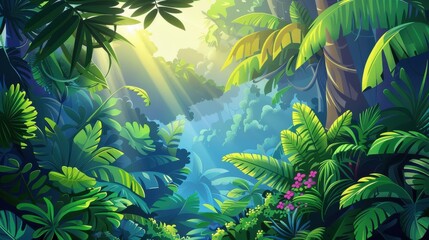 Lush cartoon jungle landscape with sun rays peeking through the canopy, creating a magical, tropical paradise. Perfect for adventure, nature, and travel designs.