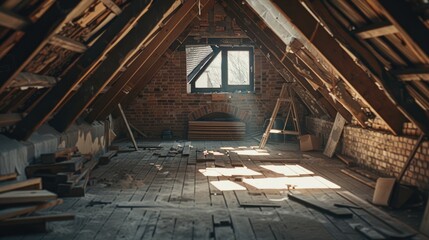 Fototapeta premium Dusty Attic Interior with Sunlight Streaming Through Window