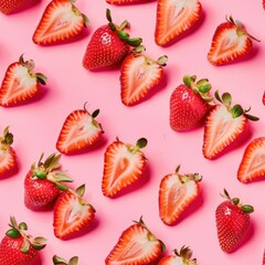 Strawberries slices and whole, shot from above, making a fun pattern on a bright pastel color background, magazine cover photo