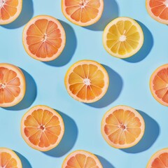 Miracle Fruits slices and whole, shot from above, making a fun pattern on a bright pastel color background, magazine cover photo
