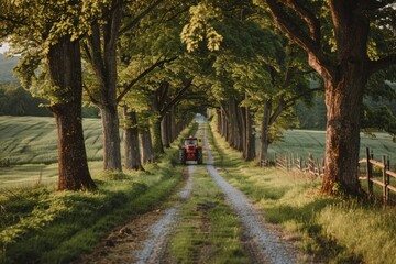 Fototapeta premium A serene country lane lined with tall green trees, with a tractor traveling down the unpaved path during a golden sunset.