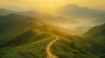 A scenic mountain path at sunrise, with lush green hills and a misty, serene atmosphere creating a peaceful escape into nature.