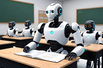 A modern robot teaching in a room