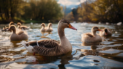 Fototapeta premium Duck family quacking near pond, AI Generative.
