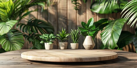 Fototapeta premium Sunlit room with a round wooden platform and potted plants.