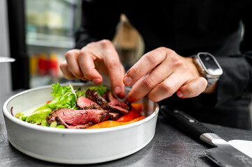 Close-up of hands artfully plating a gourmet salad with succulent slices of steak and fresh greens