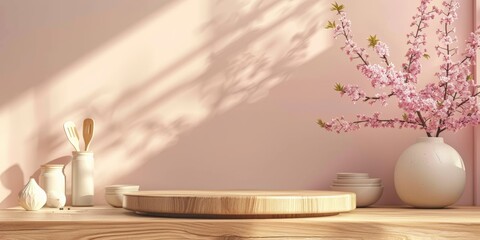 Cozy kitchen with herb pot and wooden utensils on a wooden countertop.