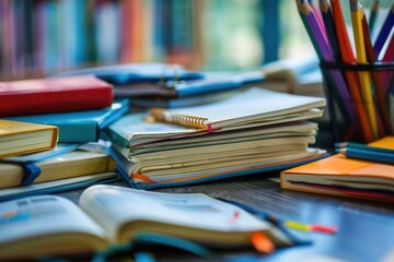 A well-organized study desk with a variety of textbooks, notebooks, pens, and pencils. Ideal for tutoring services and educational centers. Generative AI