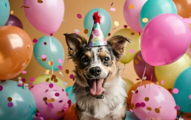 Celebration Dog with Balloons and Confetti