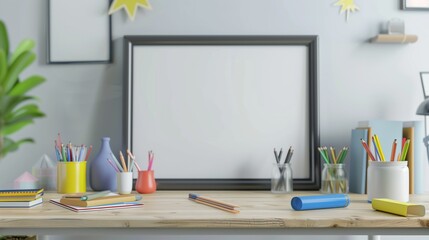 Back to School - Minimalist Frame in Classroom, Student Desk, Learning Environment, Teacher's Board, School Supplies